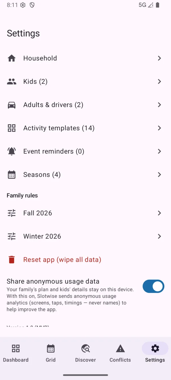 Slotwise on Android showing the analytics opt-out toggle and a note that family data stays on the device