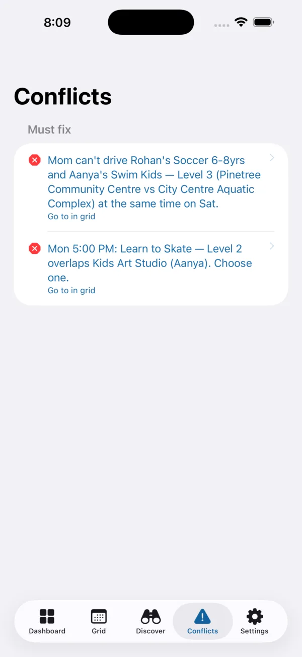 Slotwise conflicts list under a Must-fix heading: a driver who can't make two activities at once on Saturday, and a Monday 5pm overlap to choose between