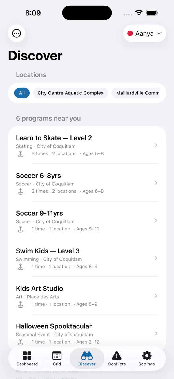 Slotwise Discover showing programs near you — Learn to Skate Level 2, Soccer, Swim Kids Level 3 and more — each with times, locations and age ranges, filterable by location
