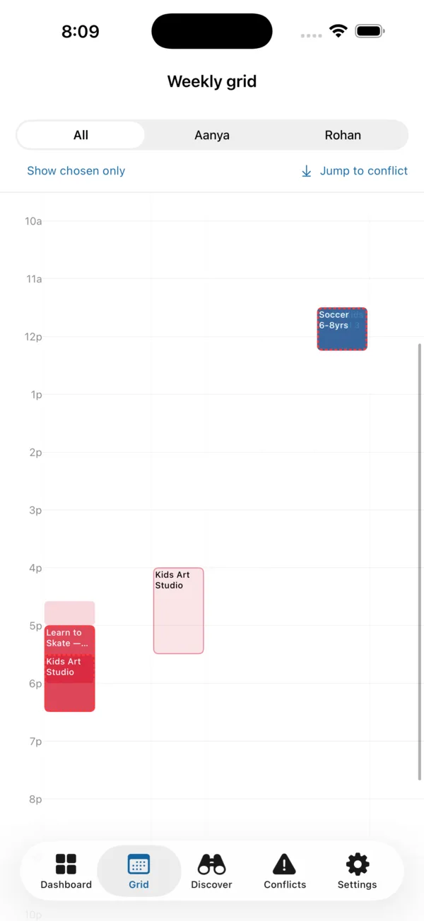 Slotwise weekly grid across Monday to Sunday with each kid's activities colour-coded and an overlap highlighted in red