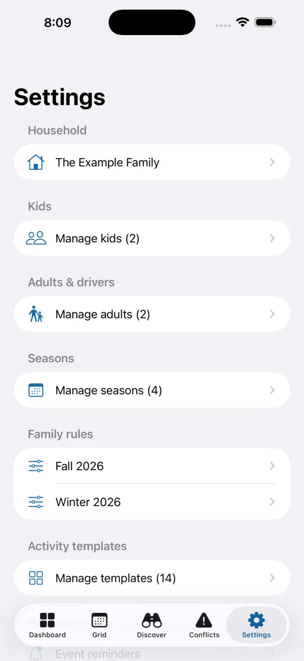 Slotwise settings showing the household, kids, adults & drivers, seasons, family rules and activity templates