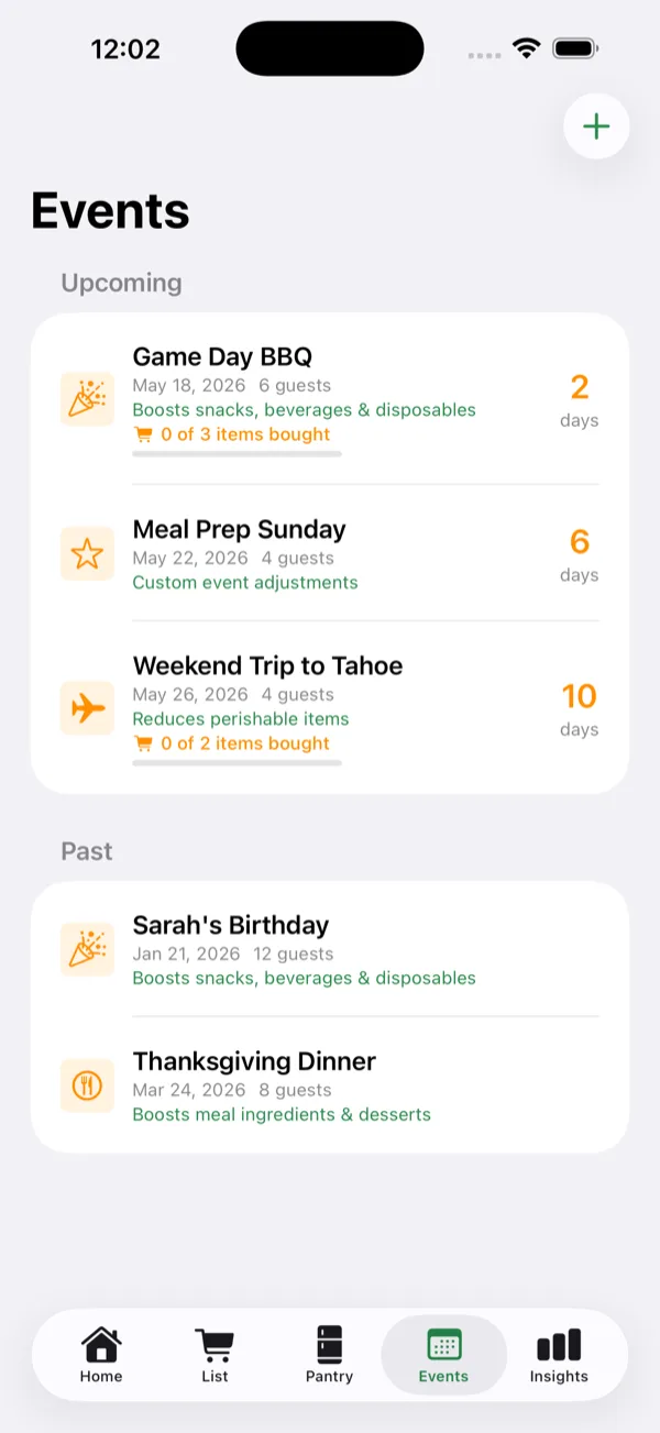 StockWise Events tab with a Game Day BBQ and a Tahoe trip that adjust the list automatically