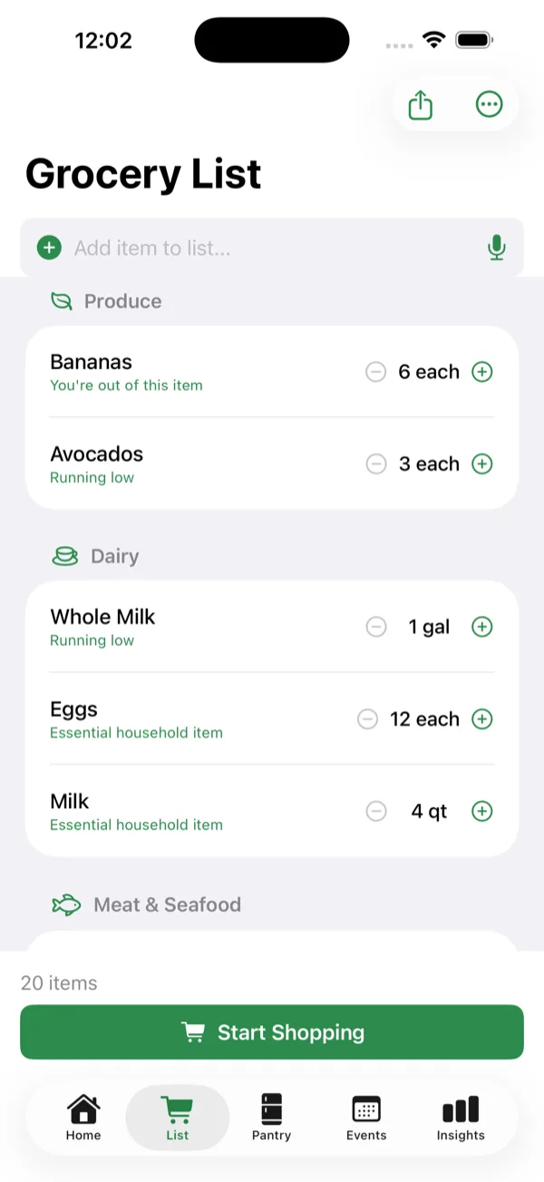 StockWise grocery list grouped by aisle — Produce, Dairy, and Meat & Seafood with quantities