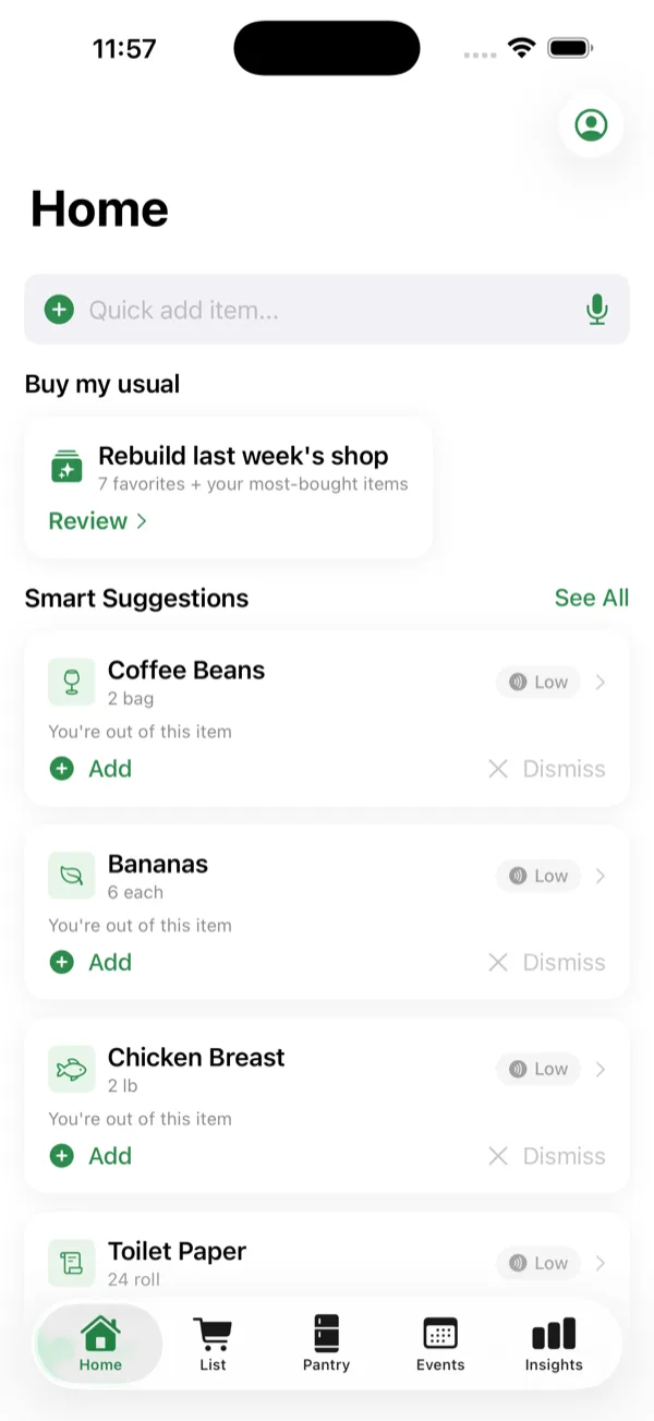 StockWise Home screen showing Smart Suggestions — coffee beans, bananas, and chicken breast flagged as running low