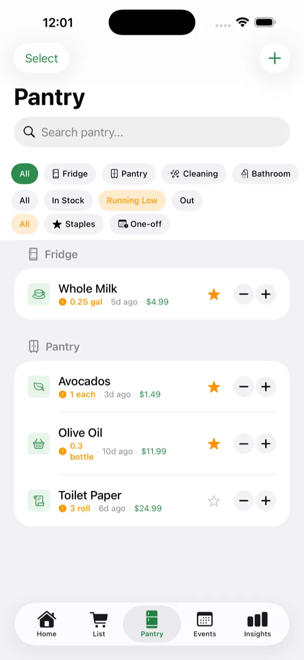 StockWise Pantry tab tracking items across Fridge, Pantry, Cleaning, and Bathroom with running-low indicators
