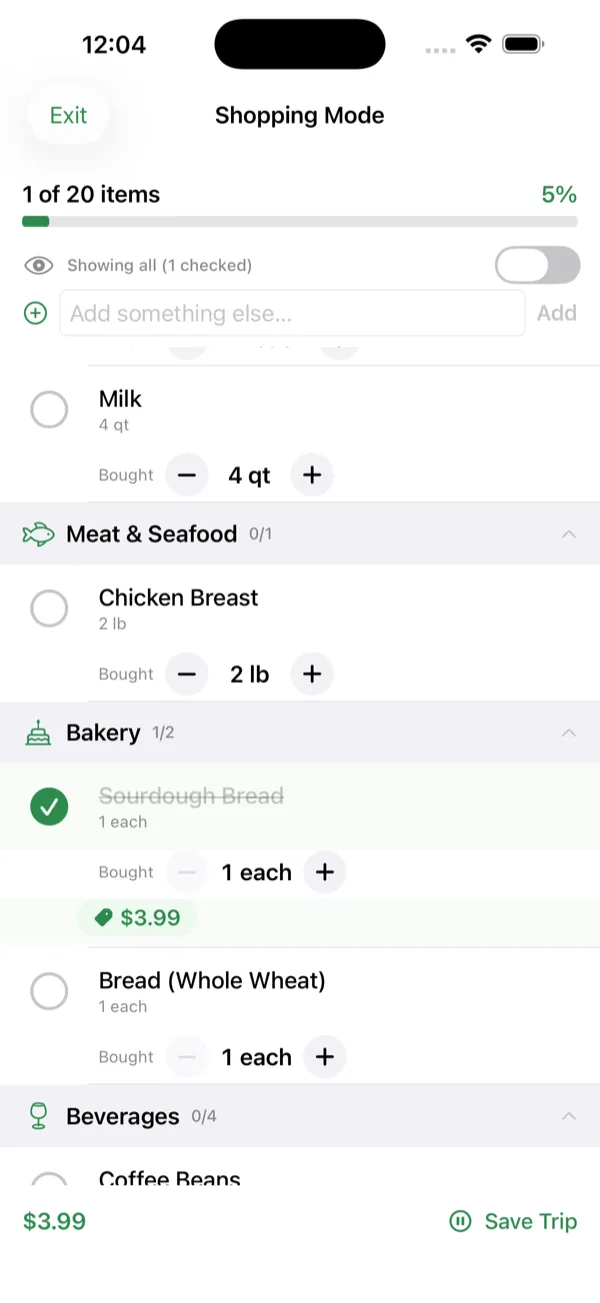 StockWise Shopping Mode showing a progress bar, checked-off items, and a running trip total